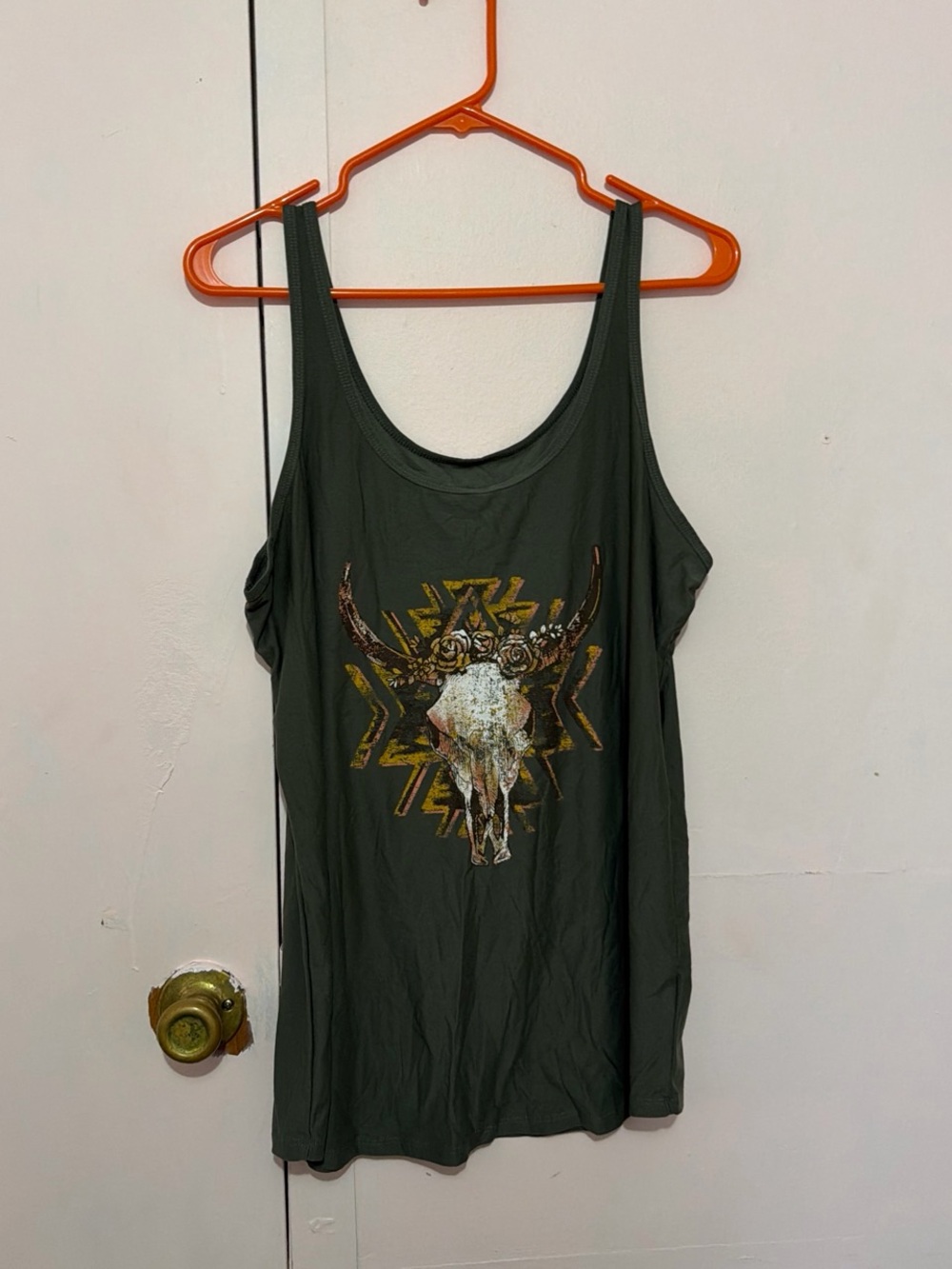 No Boundaries Olive Graphic Tank with Bull Skull and Aztec Motif